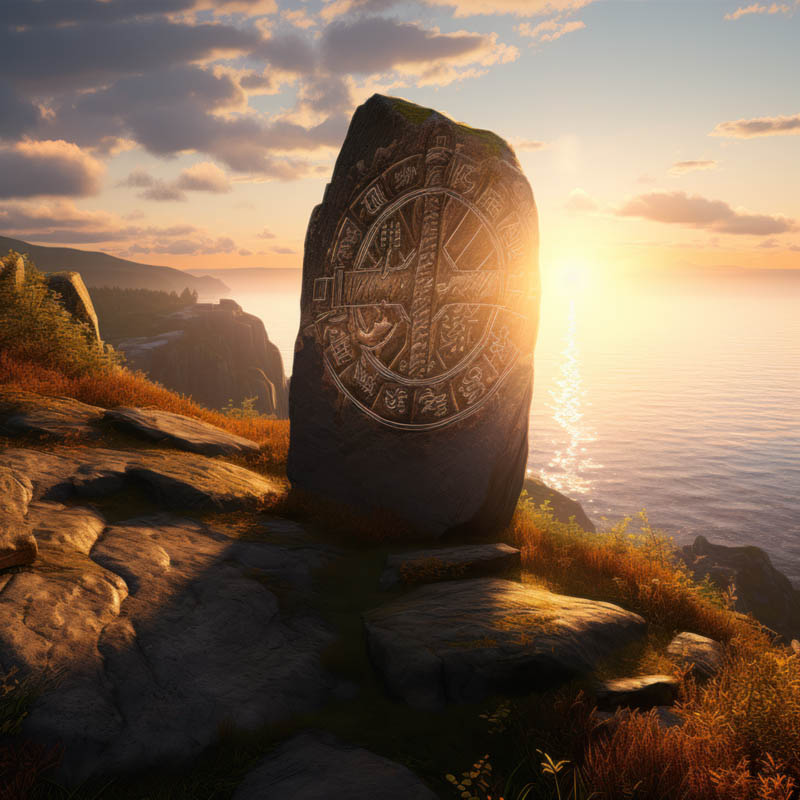 Runenstein auf Klippe im Sonnenuntergang mit Gebo Symbol