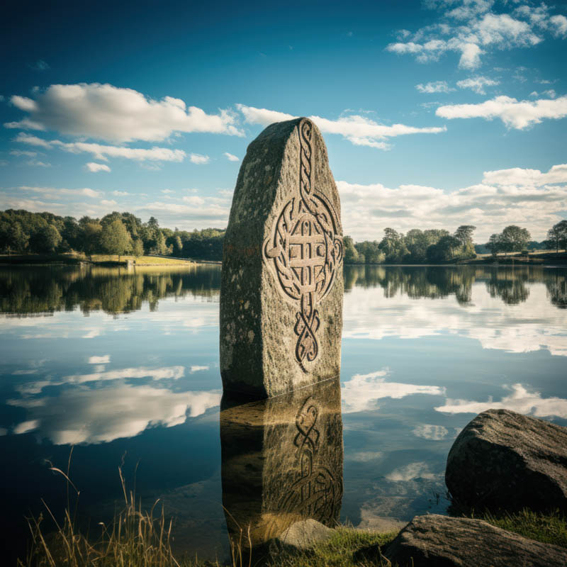 Runenstein im stillen See von Wasser umgeben.