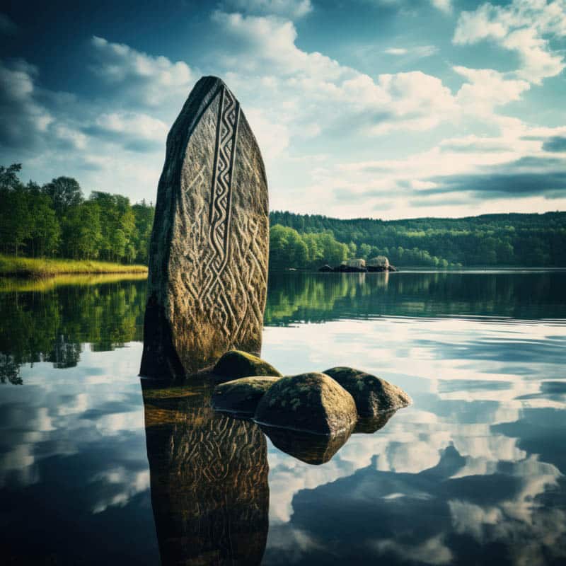 Rune Perthro im Wasser stehend als Symbol auf Fels