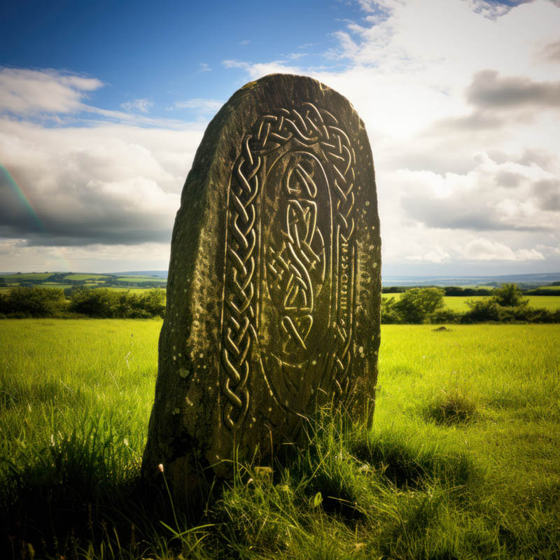 Runenstein auf Feld mit Regenbogen
