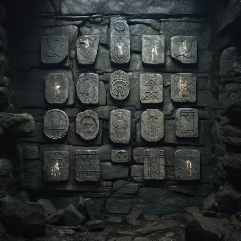 Runensteine an Wand in Höhle mit Raidho im Zentrum