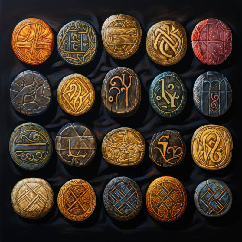 Auswahl an Runensteinen mit mystischen Symbolen