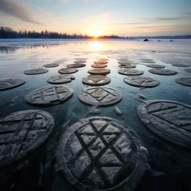 Steine mit Runensymbolen im Wasser eines Sees liegend
