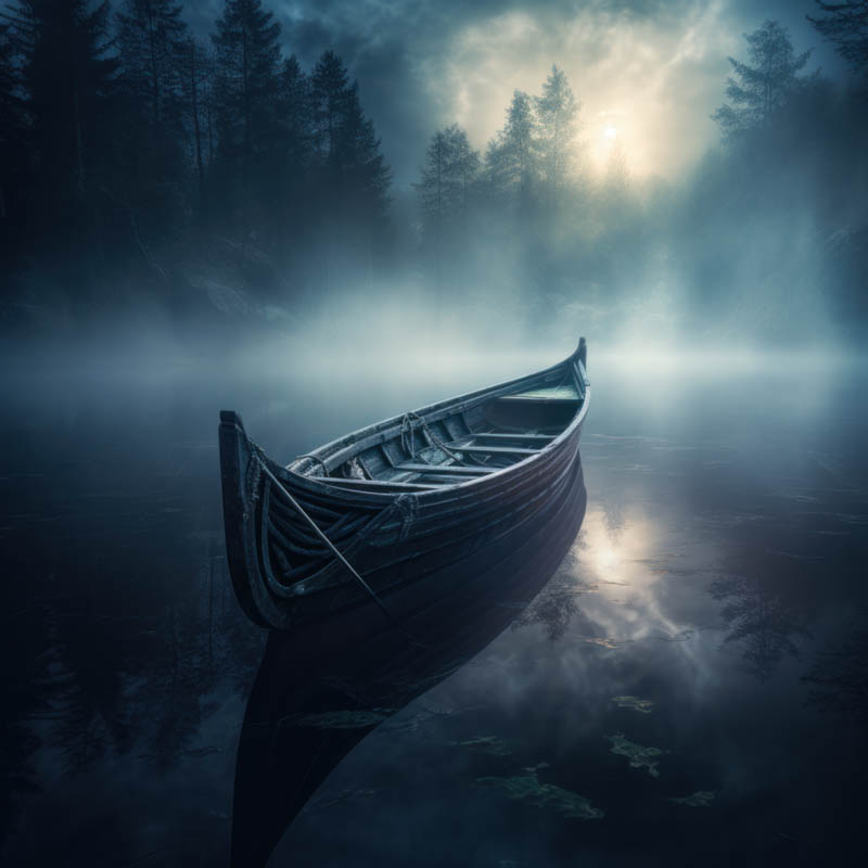 Spirituelle Botschaft der Isa Rune mit Vikingerboot im Nebel