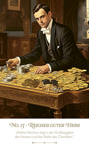 Kipperkarte Reicher Guter Herr sitzt am Tisch mit vielen Goldmünzen - No. 13