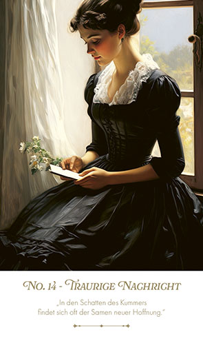Kipperkarte Traurige Nachricht - Frau in schwarzem Kleid liest einen Brief - No. 14