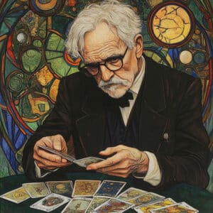 Carl Jung sitzt an einem Tisch mit Tarotkarten vor sich