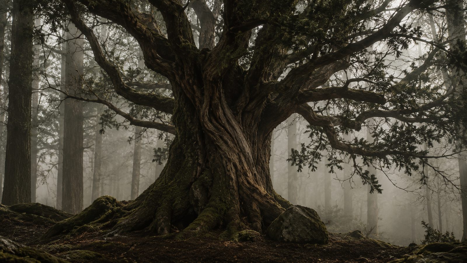 Uralte Eibe mit mächtigen Wurzeln im Nebelwald – Symbolbild der Eihwaz-Rune