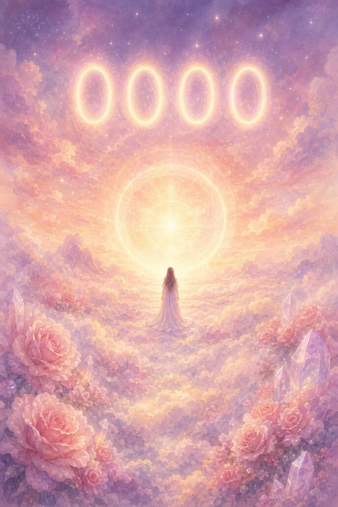 Frau vor einem leuchtenden Lichtkreis über den Wolken unter der Engelszahl 0000 – Einheit mit der Quelle