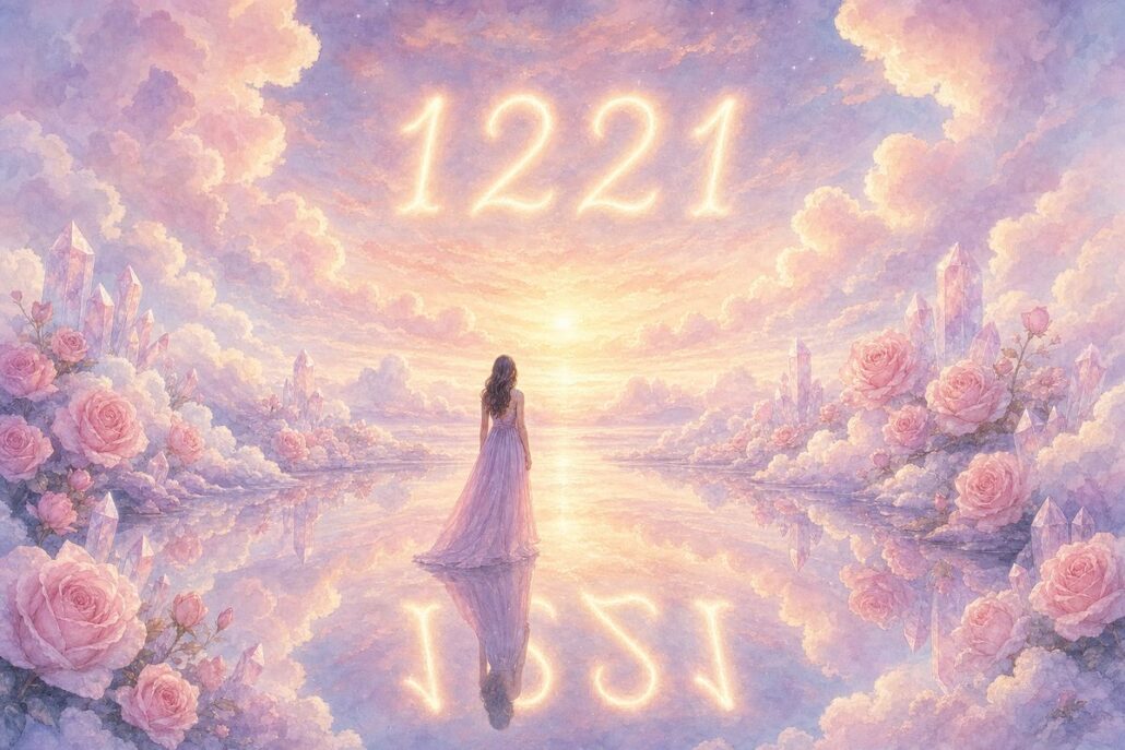 Engelszahl 1221 über einer Frau an einem spiegelglatten Wolkensee mit perfekter Spiegelung – Symbol der Spiegelzahl