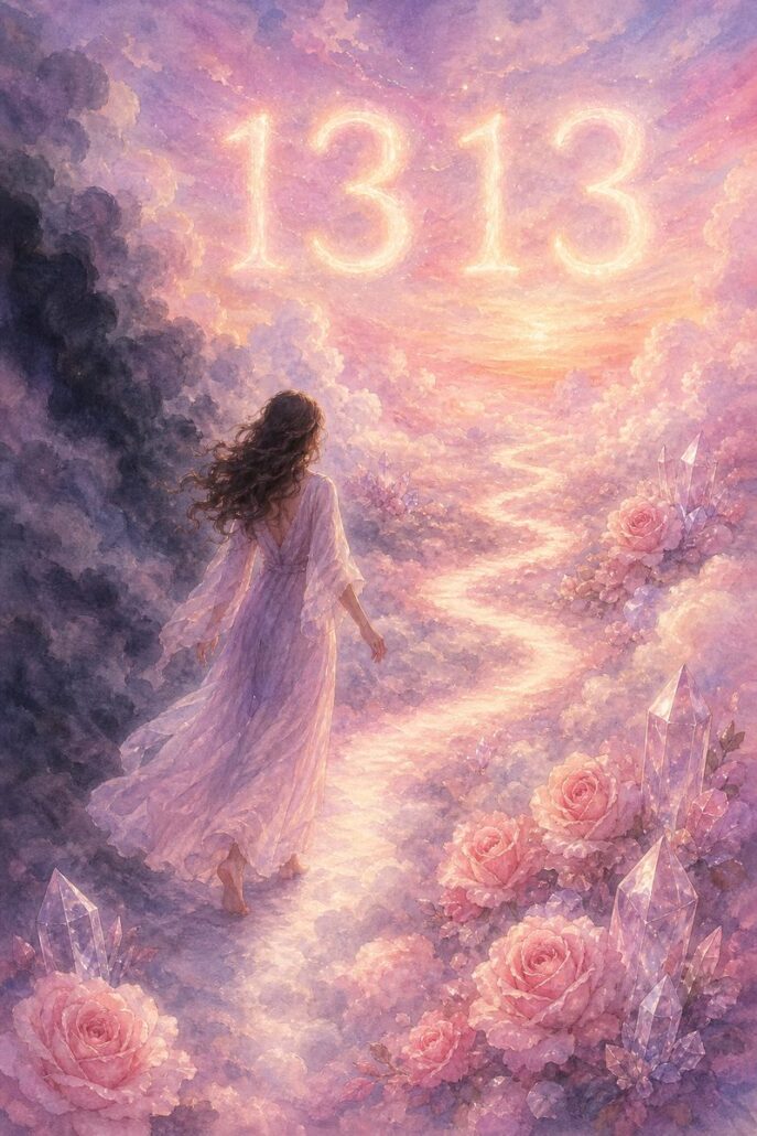 Frau auf einem Wolkenpfad, auf dem sich Nebel in rosa Licht auflöst, unter der Engelszahl 1313 – Vertrauen wächst