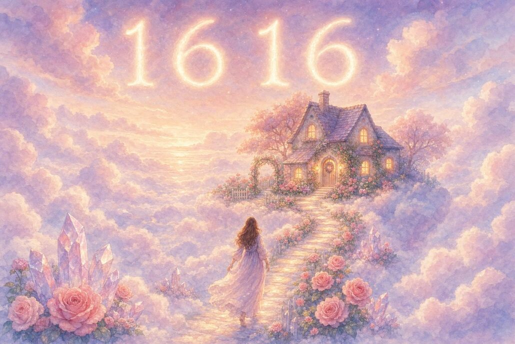 Engelszahl 1616 über einem Wolkenhäuschen mit warmem Fensterlicht und Rosengarten – Symbol für Heim und Familie