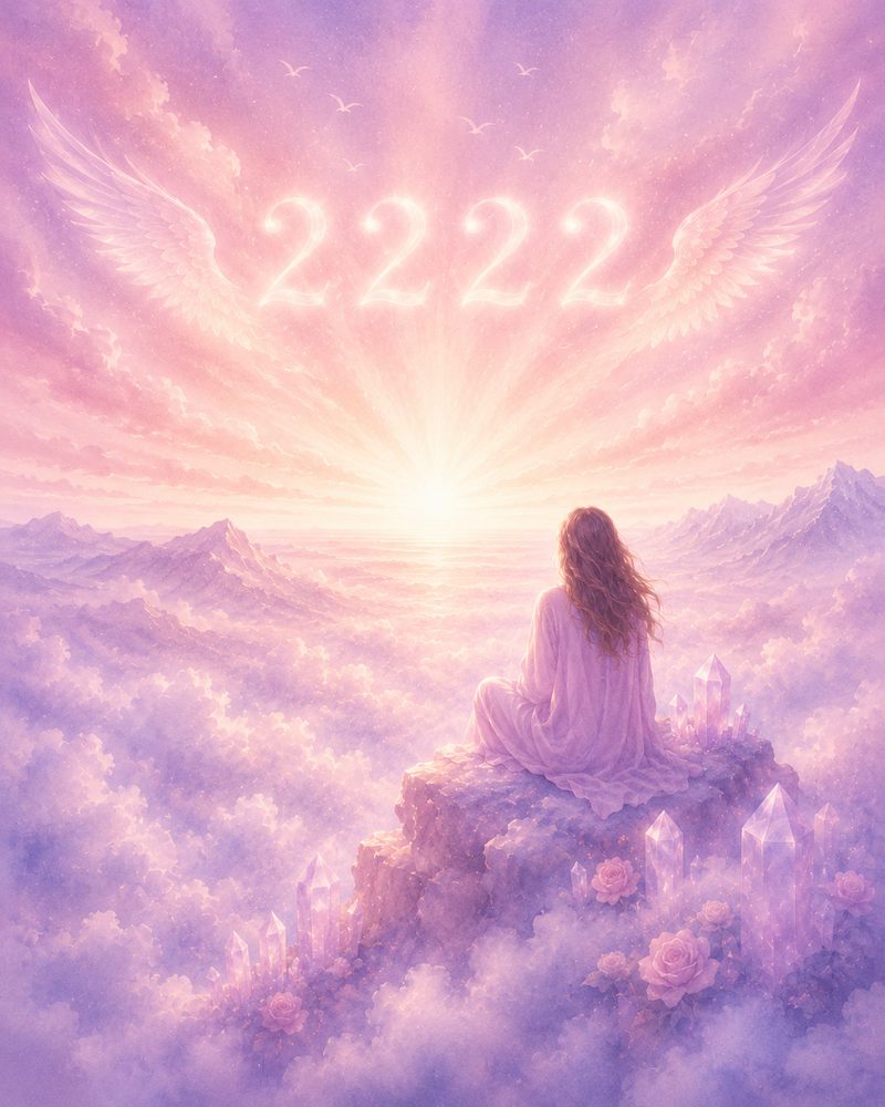 Frau sitzt über den Wolken unter der Engelszahl 2222 – Geduld und göttliches Timing in der Seelenverbindung