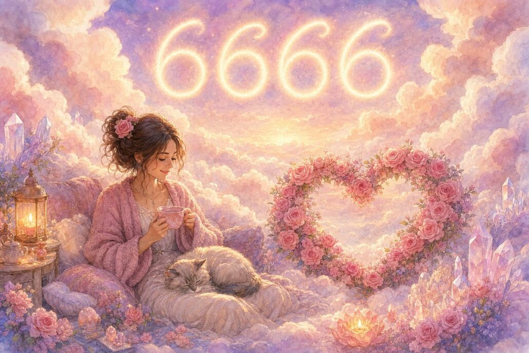 Engelszahl 6666 über einer Frau in einem Wolkengarten mit Rosenherz – Symbol für Balance und Fürsorge