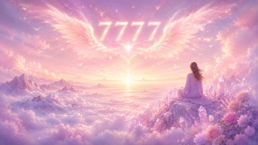 Engelszahl 7777 aus Engelsflügeln am Himmel über einer meditierenden Frau – Zeichen für Glück und Bestätigung