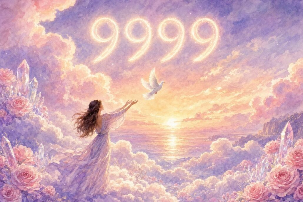 Engelszahl 9999 im Sonnenuntergang über einer Frau, die eine weiße Taube freilässt – Symbol für Vollendung