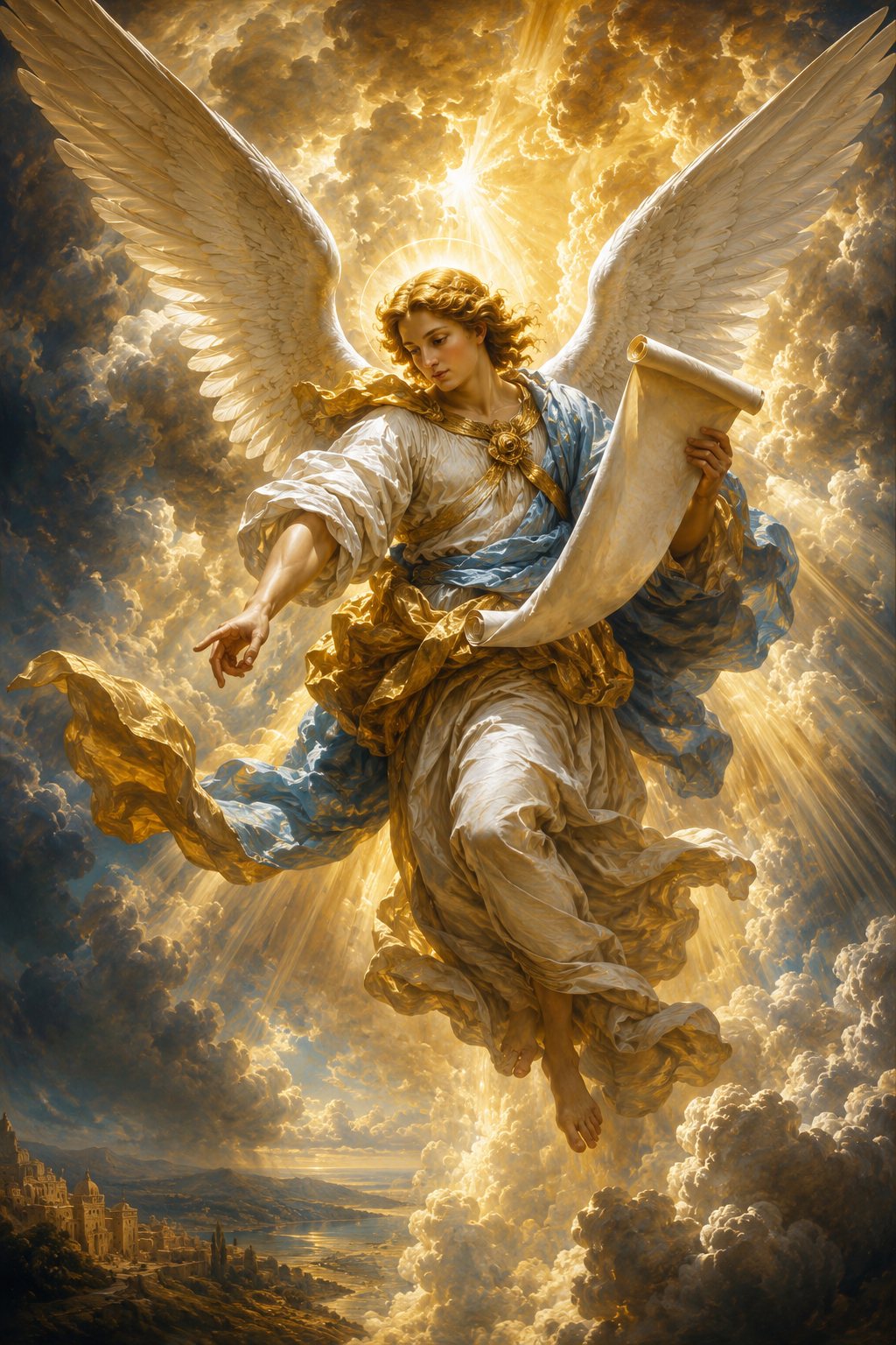 Erzengel Gabriel als himmlischer Bote, herabschwebend in goldenem Licht