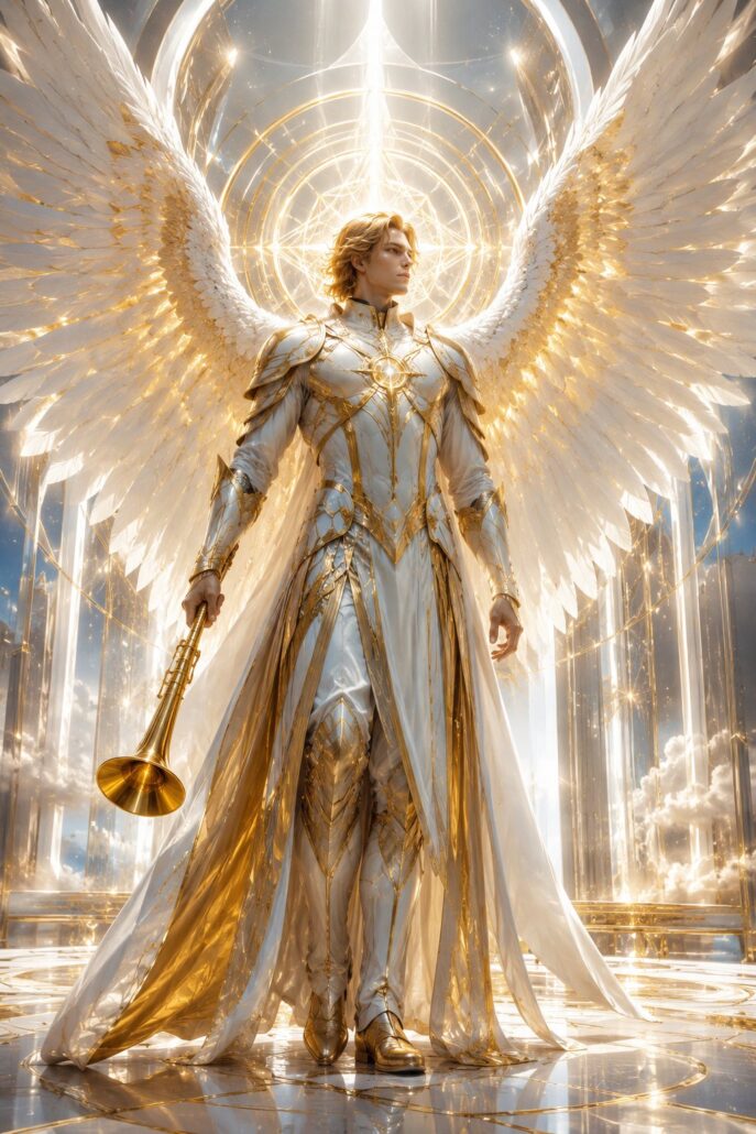 Erzengel Gabriel mit goldener Posaune in strahlendem Licht