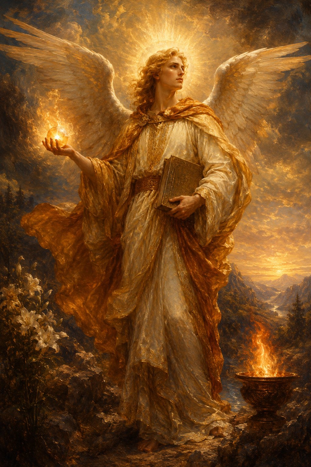 Erzengel Uriel mit goldenen Flügeln und leuchtender Flamme vor Morgenlicht – Sinnbild für seine Bedeutung als Engel des Lichts