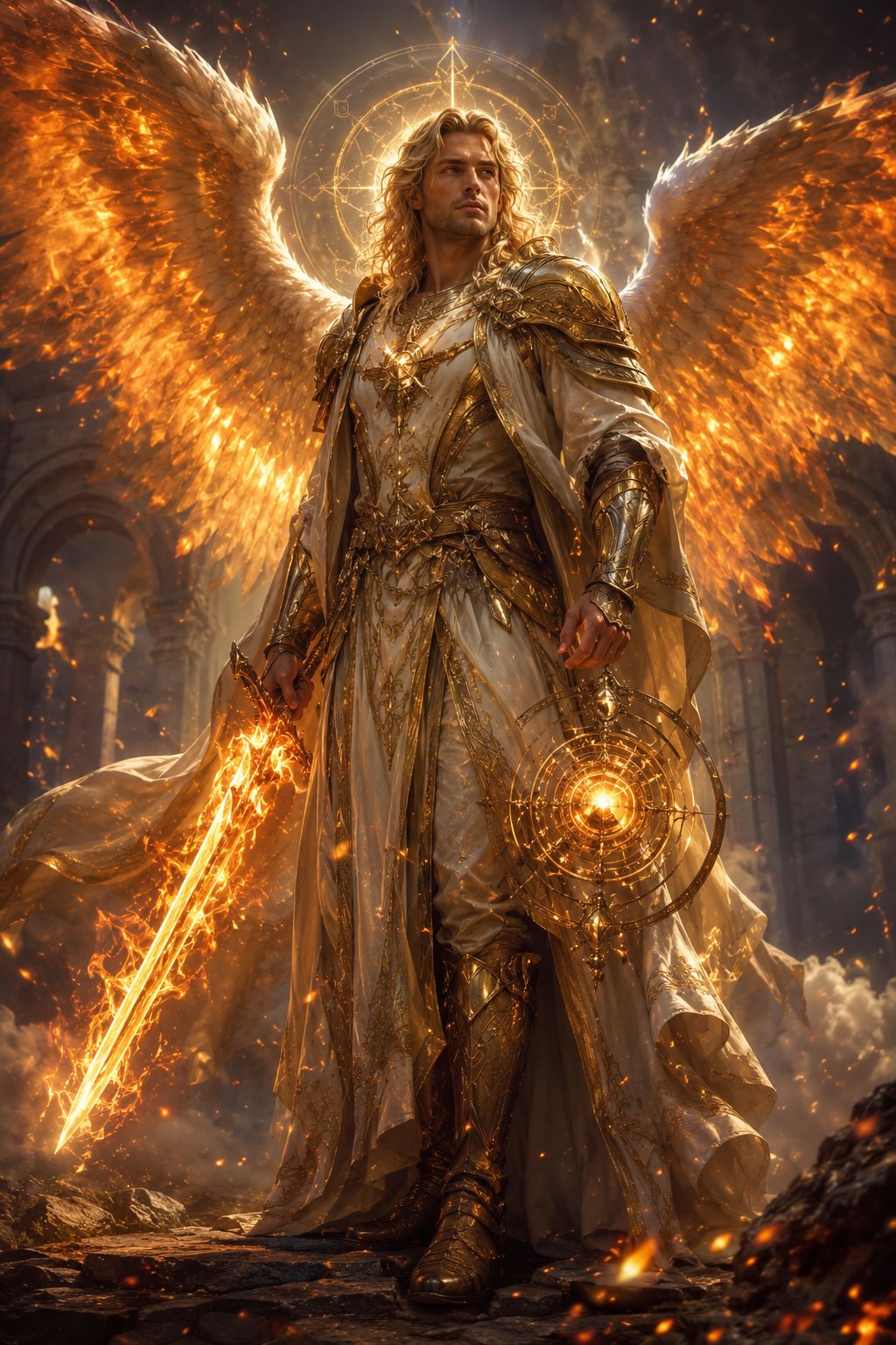 Erzengel Uriel mit Flammenschwert und feurigen Flügeln – kraftvolle Darstellung des Lichtengels