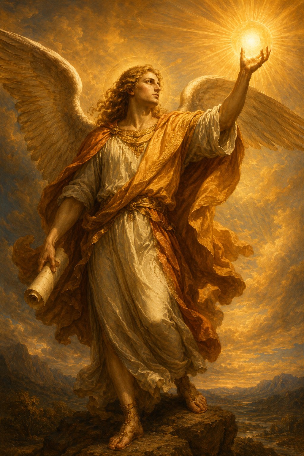 Historische, klassische Darstellung von Erzengel Uriel mit Schriftrolle und erhobener Hand vor weiter Landschaft