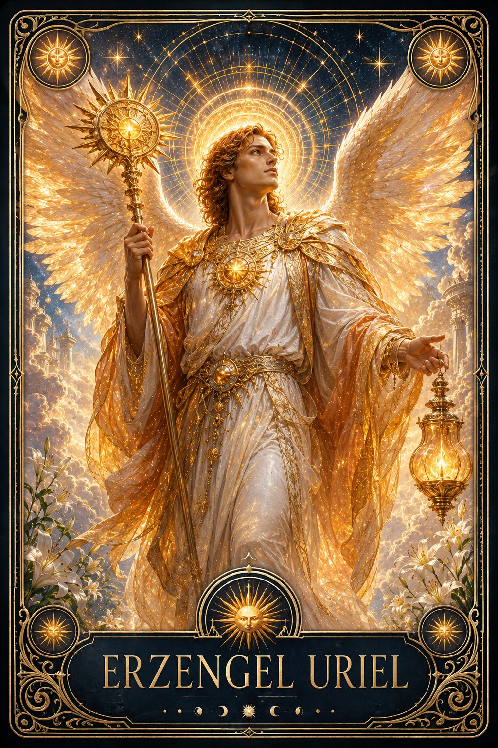 Erzengel Uriel Engelkarten-Set – Karte mit goldenem Lichtzepter und Laterne