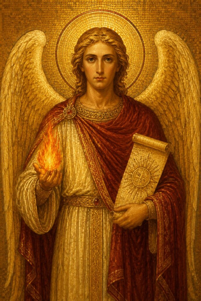 Erzengel Uriel als sakrales Kirchenbild mit Heiligenschein, Flamme und Schriftrolle der Weisheit