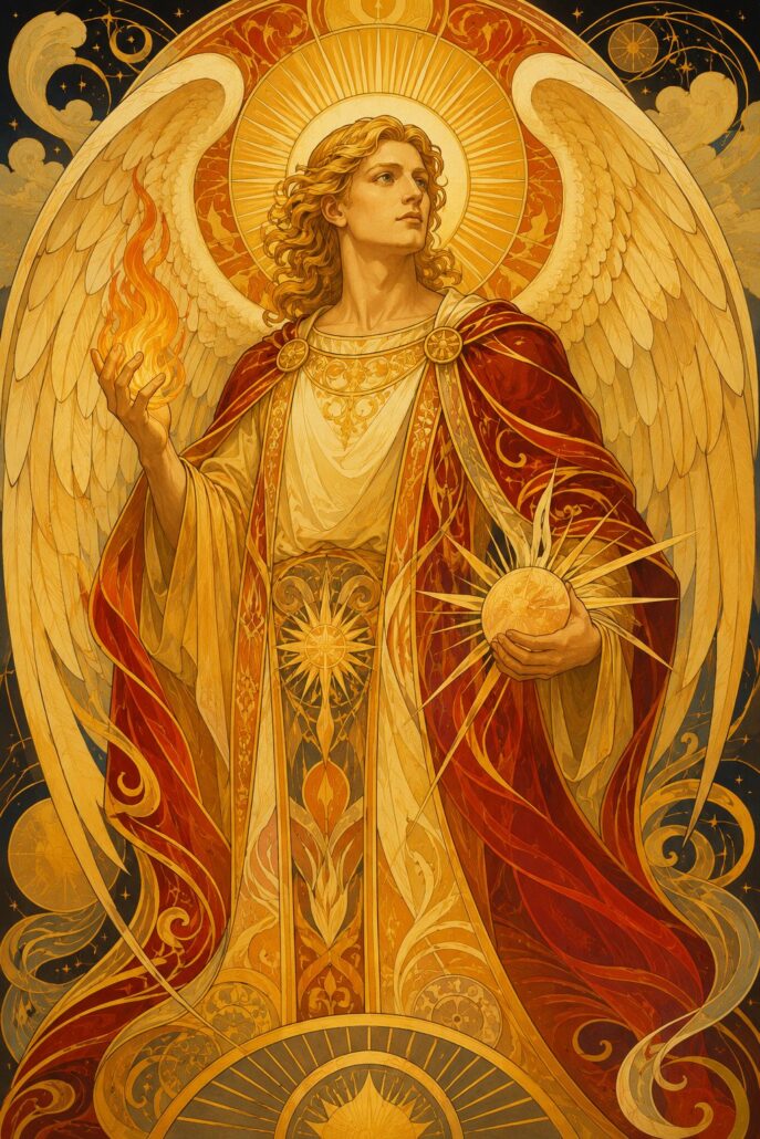 Moderne, ikonenhafte Darstellung von Erzengel Uriel mit strahlender Sonne und Flammen in rot-goldenem Gewand
