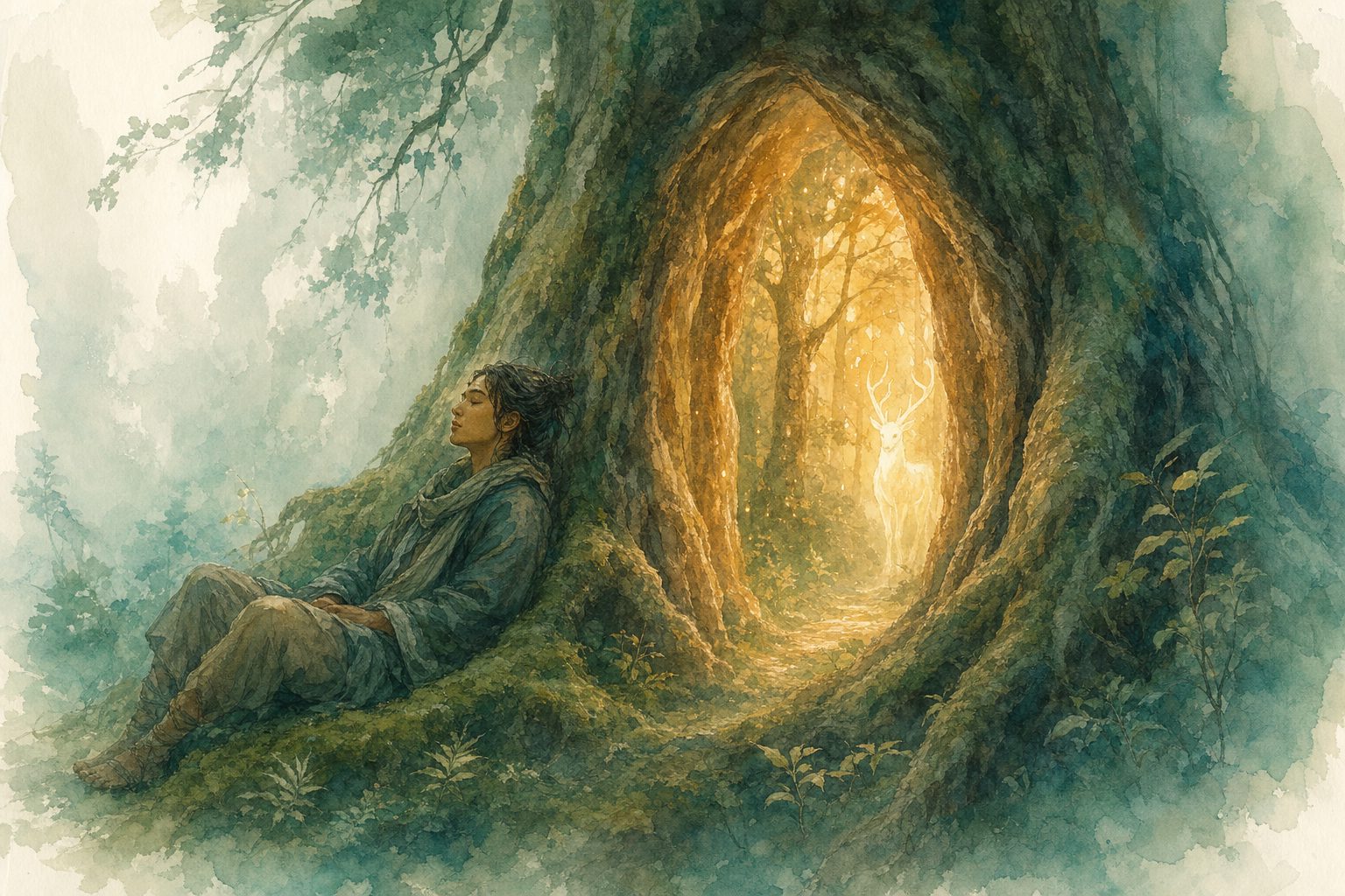 Mensch in Meditation am Wurzelportal eines alten Baumes – Krafttierreise in die Untere Welt