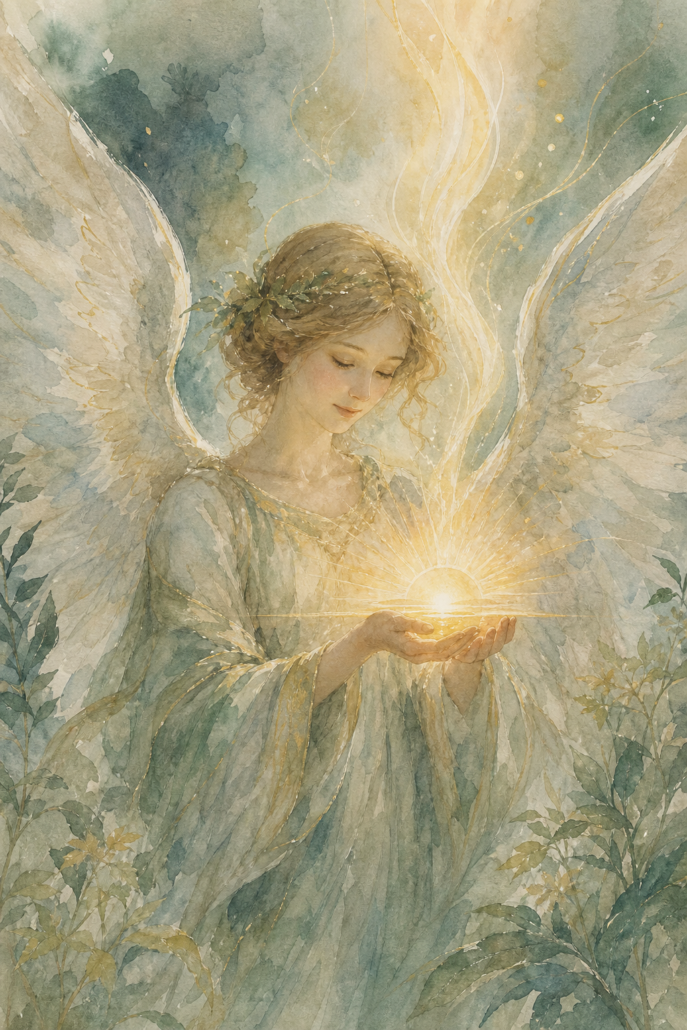 Schutzengel Vehuiah – Engel für Wille und Neubeginn (Aquarell-Illustration)