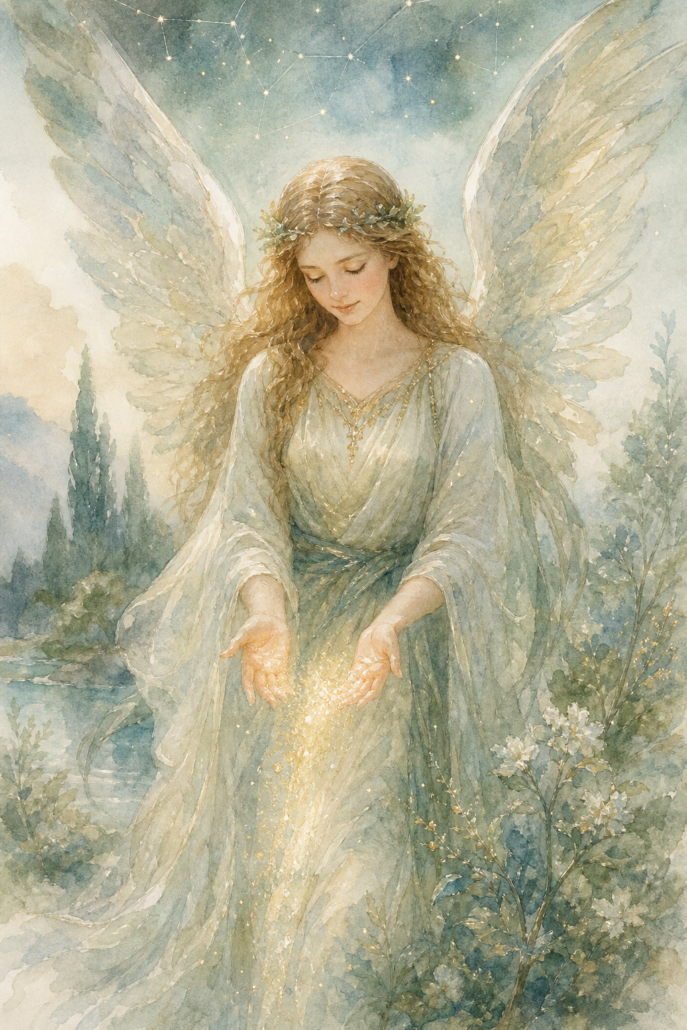 Schutzengel Haziel – Engel für Vergebung und Barmherzigkeit (Aquarell-Illustration)