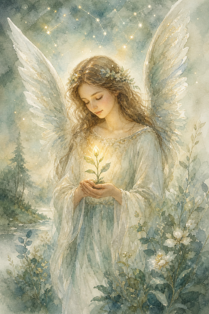 Schutzengel Aladiah – Engel für Gnade und Neuanfang (Aquarell-Illustration)