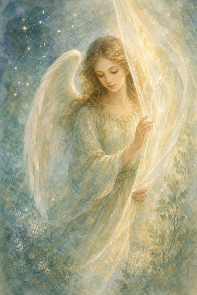 Schutzengel Hahaiah – Engel für Zuflucht und Intuition (Aquarell-Illustration)