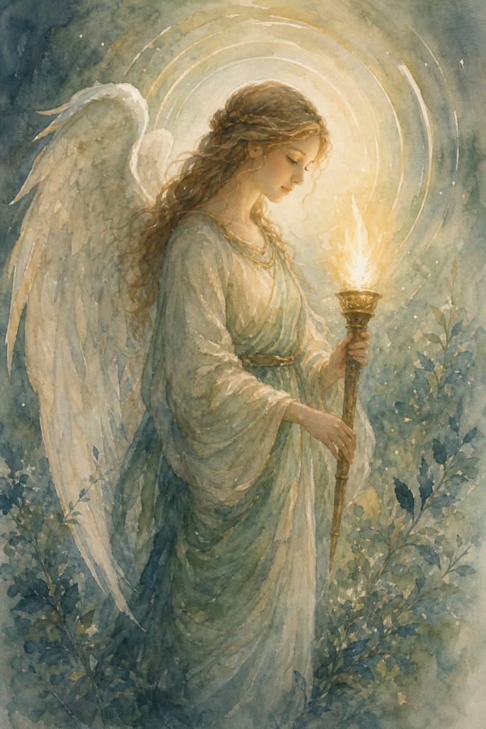 Schutzengel Caliel – Engel für Wahrheit in Prüfungen und Gerechtigkeit (Aquarell-Illustration)
