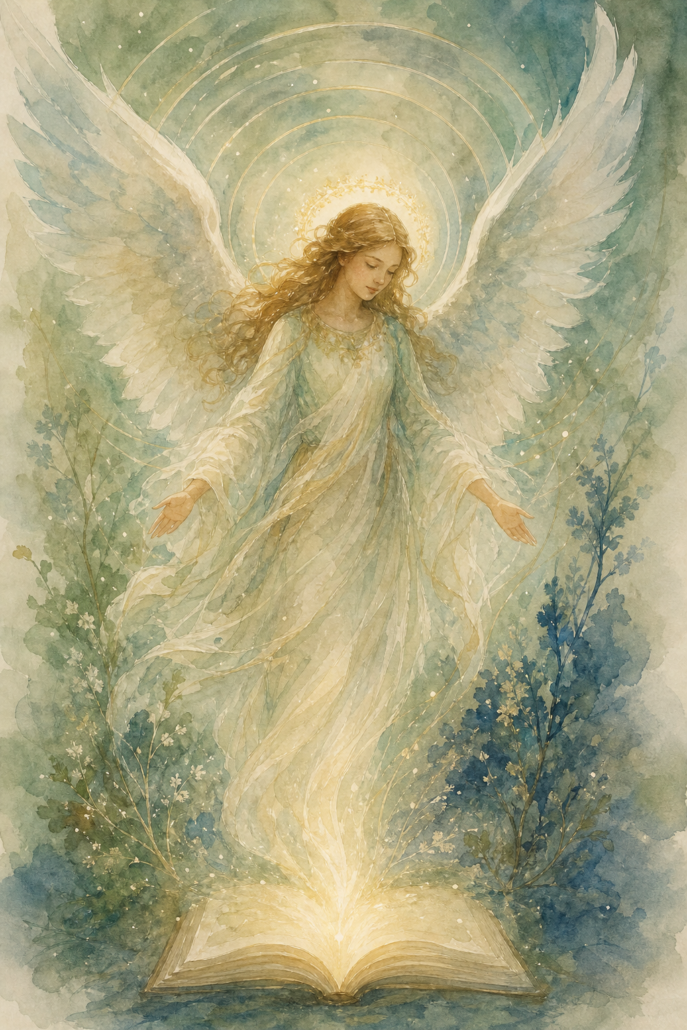 Schutzengel Leuviah – Engel für Gedächtnis und Gelassenheit (Aquarell-Illustration)