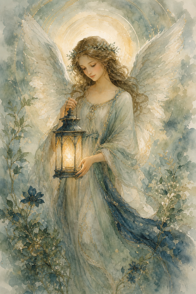 Schutzengel Haheuiah – Engel für Schutz und Heimkehr (Aquarell-Illustration)