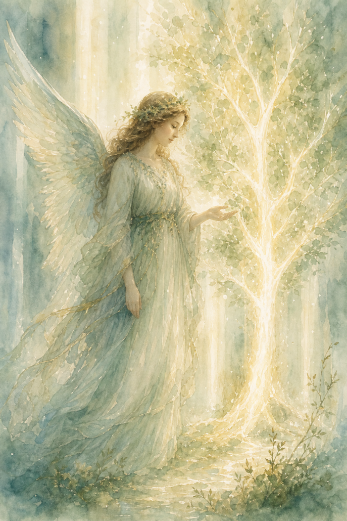 Schutzengel Omael – Engel für Geduld und Wachstum (Aquarell-Illustration)