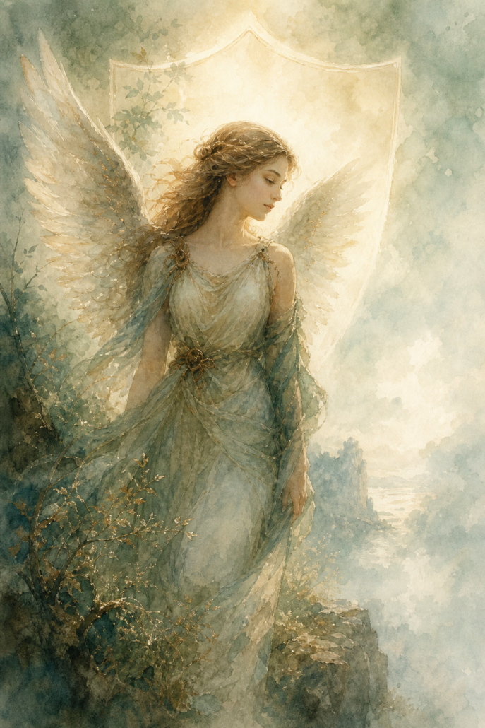 Schutzengel Yehuiah – Engel für Erkenntnis und Schutz vor Neid (Aquarell-Illustration)