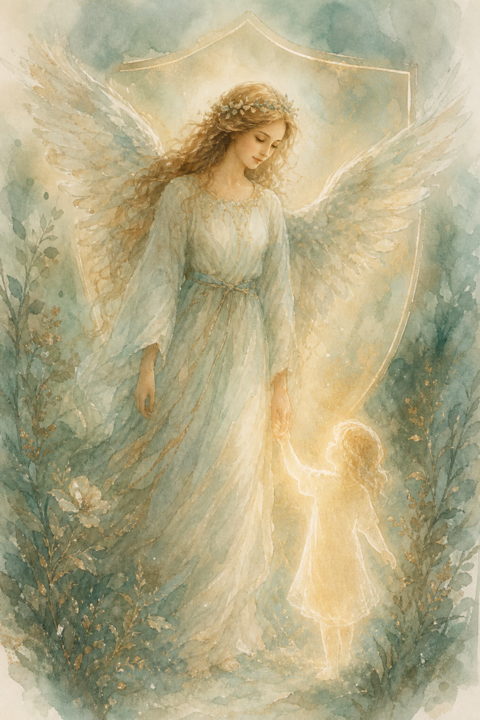 Schutzengel Rehael – Engel für Heilung und Eltern-Kind-Band (Aquarell-Illustration)