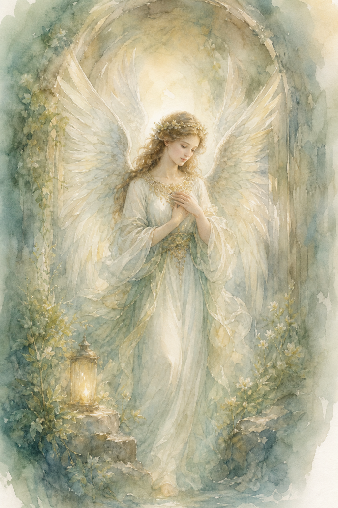 Schutzengel Iah-Hel – Engel für Rückzug und Weisheit (Aquarell-Illustration)
