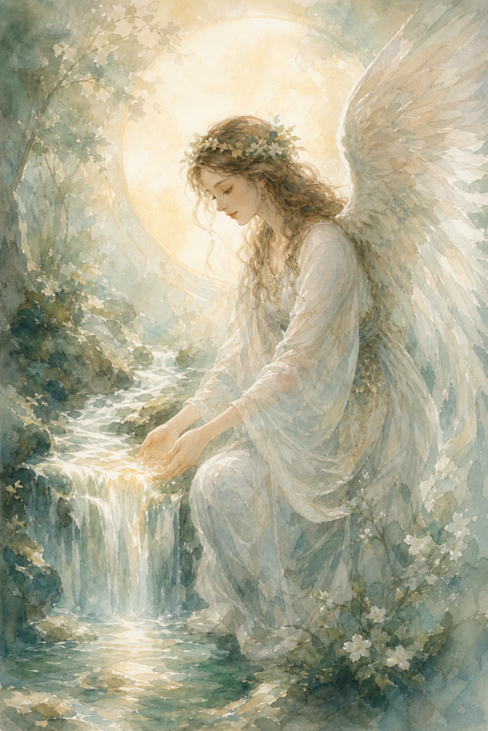 Schutzengel Damabiah – Engel für Weisheit und Mitgefühl (Aquarell-Illustration)