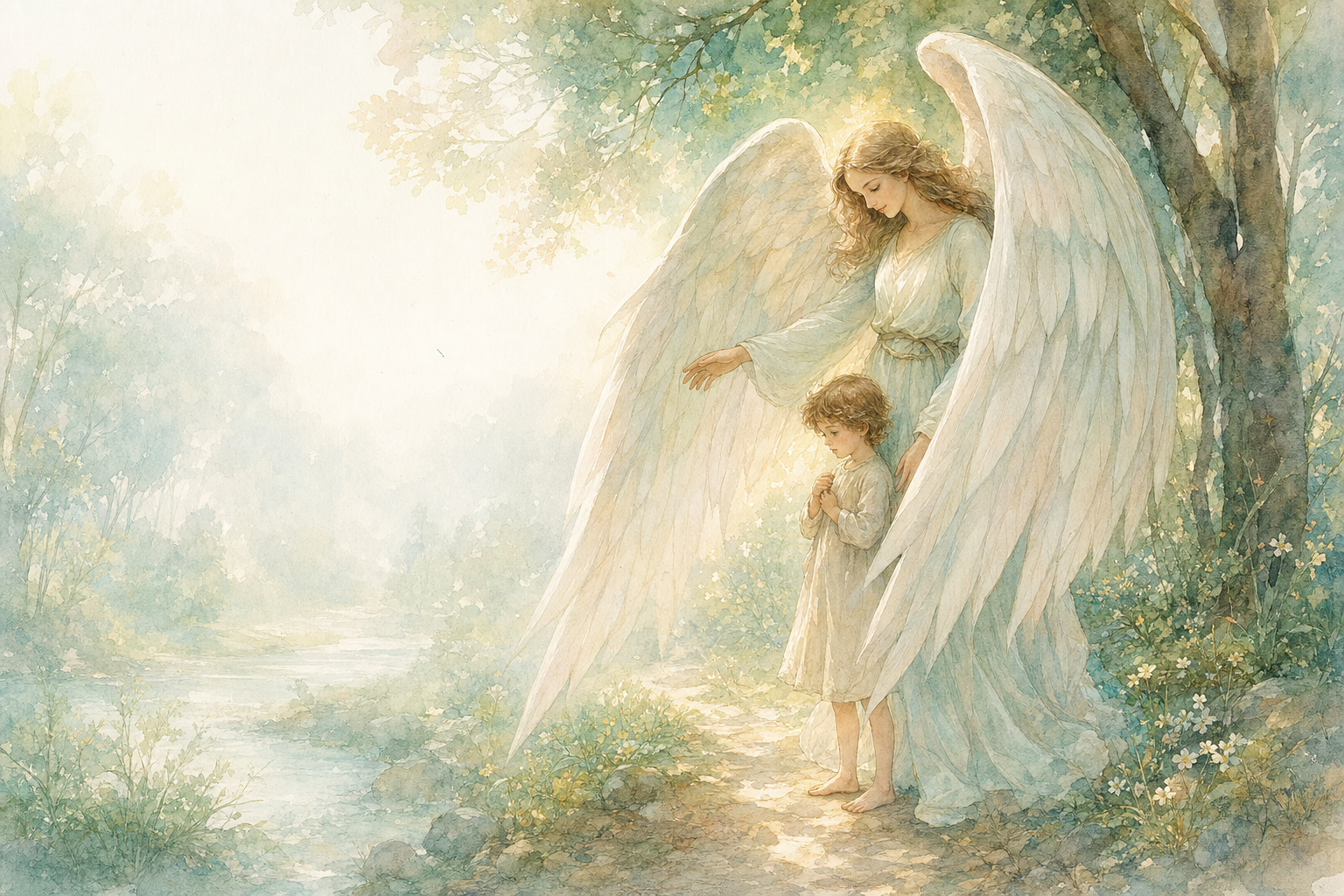 Schutzengel breitet schützend die Flügel über ein Kind am Waldweg – Aquarell-Illustration