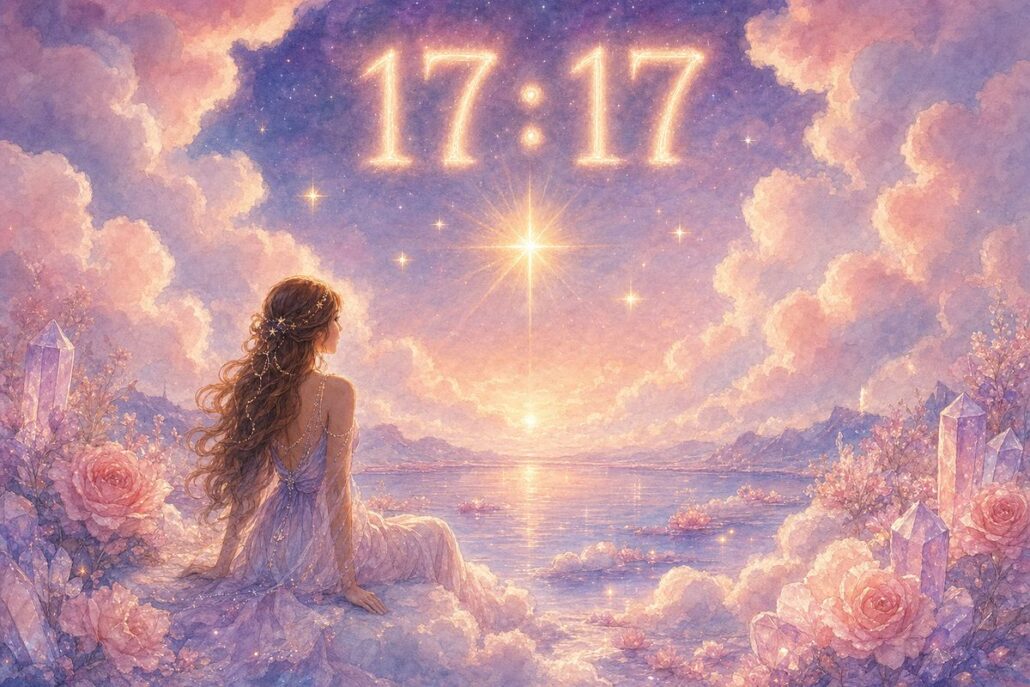 Spiegelstunde 17:17 am Himmel über einer Frau am Wolkensee – Hoffnung und der Stern