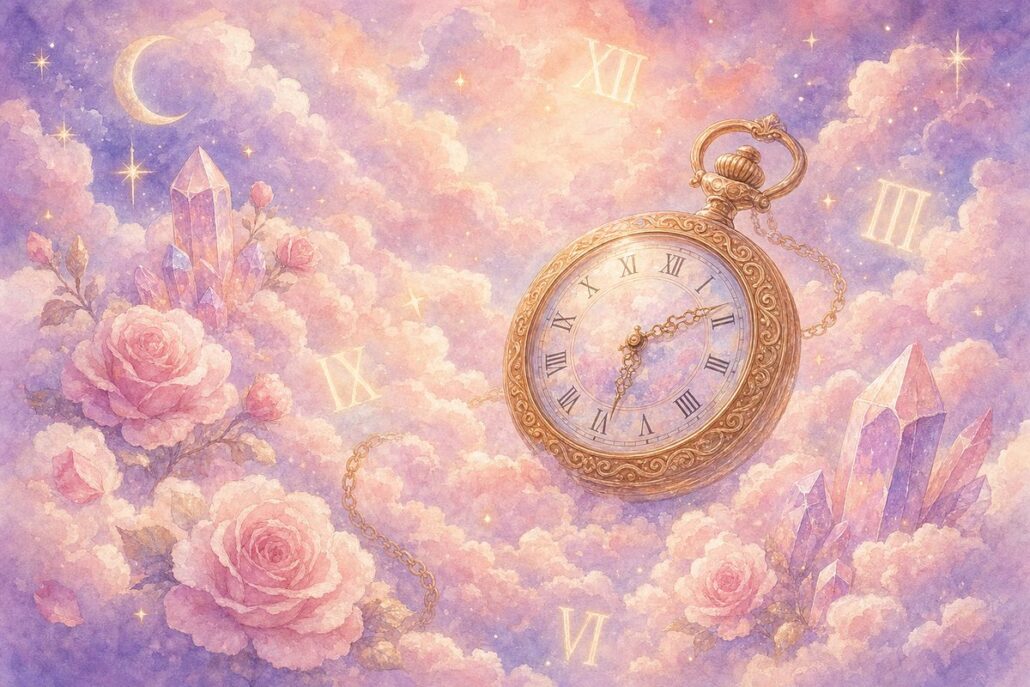 Goldene Taschenuhr in pastellfarbenen Wolken mit leuchtenden Ziffern – Symbol der Spiegelstunden