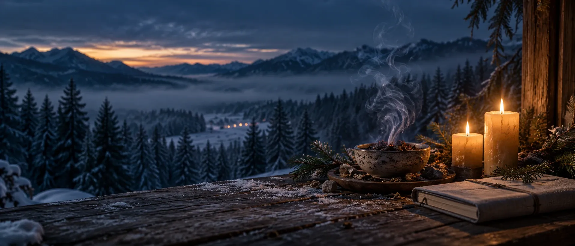 Räucherschale mit aufsteigendem Rauch und zwei brennende Kerzen auf einer Holzbank, dahinter ein verschneiter Bergwald in der Dämmerung